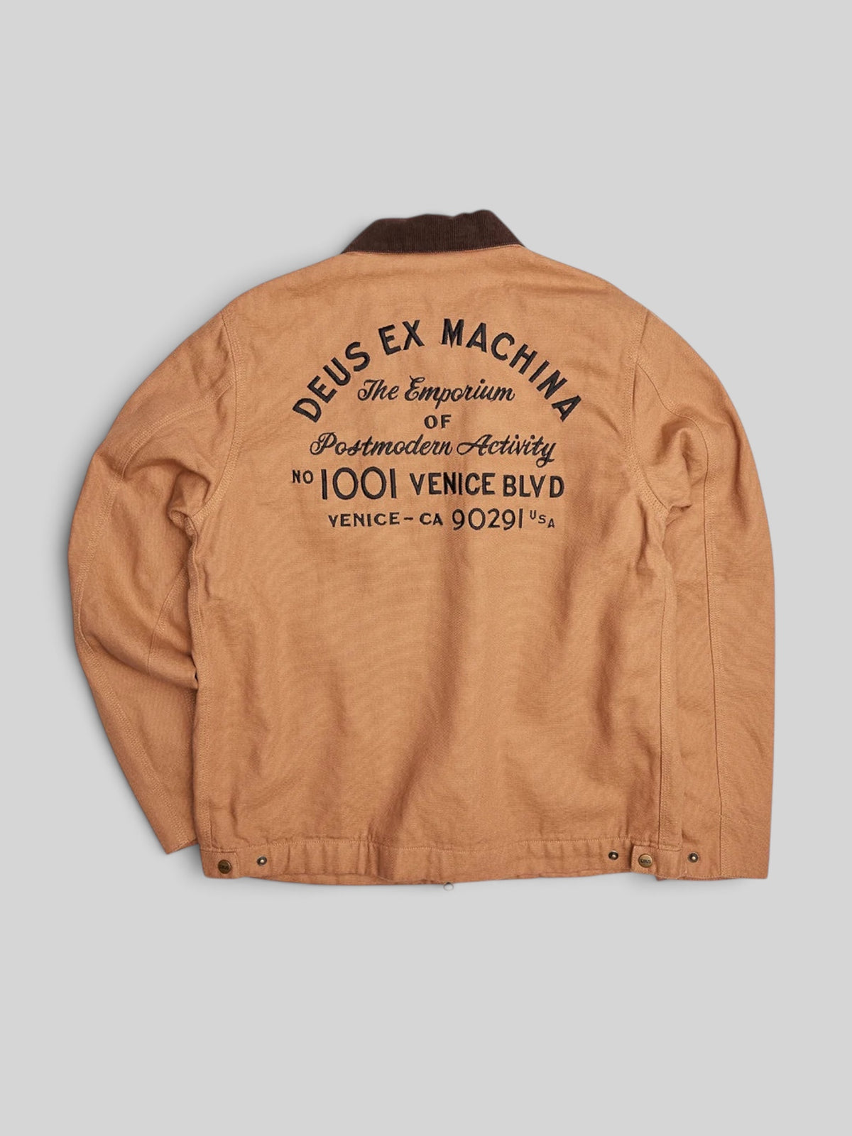 Baffle Haus Address workwear jacket in dijon tan cotton canvas with embroidered back detail and brown collar
