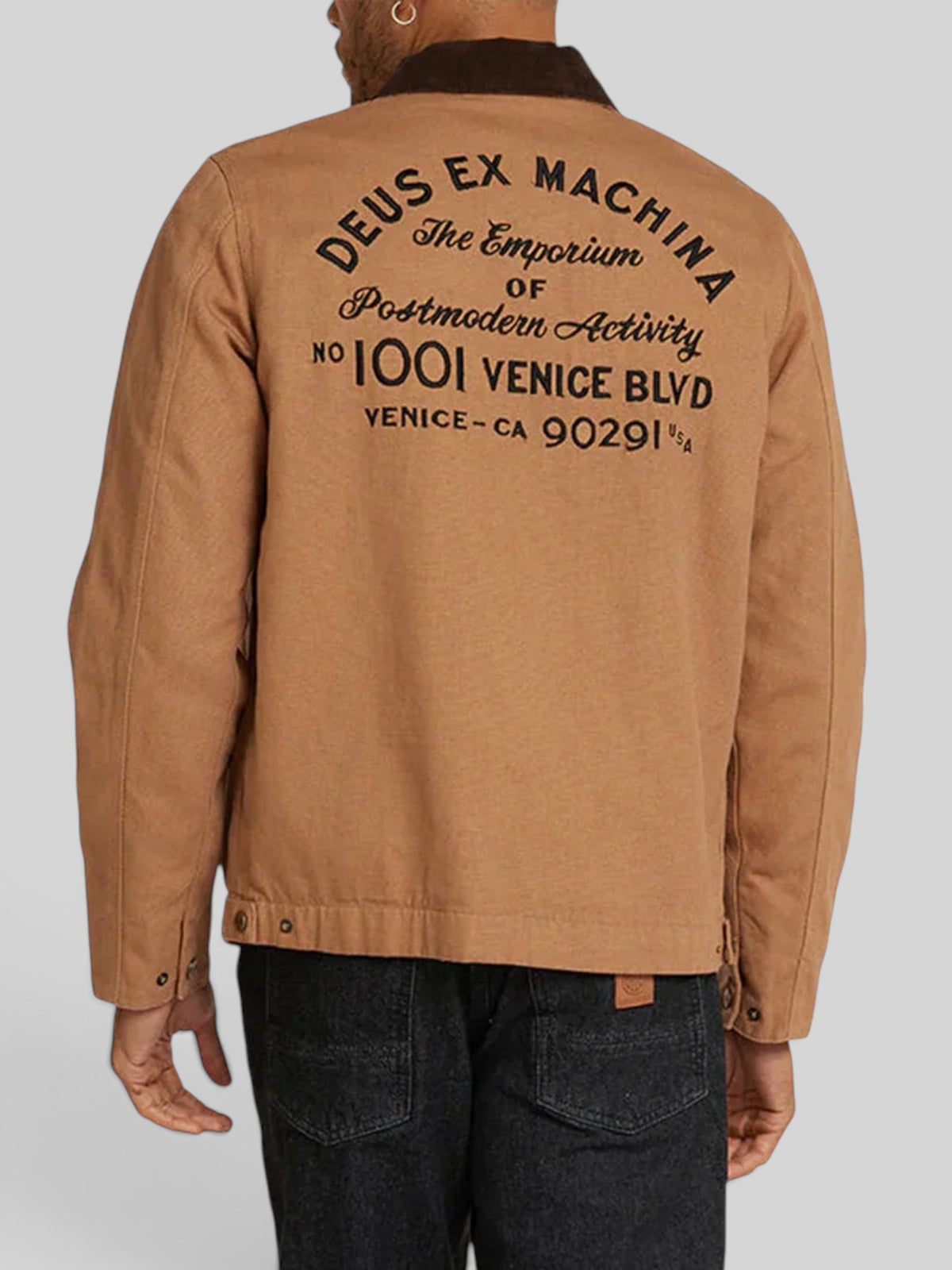Baffle Haus Deus Ex Machina workwear jacket in dijon tan cotton canvas with embroidered back address detail