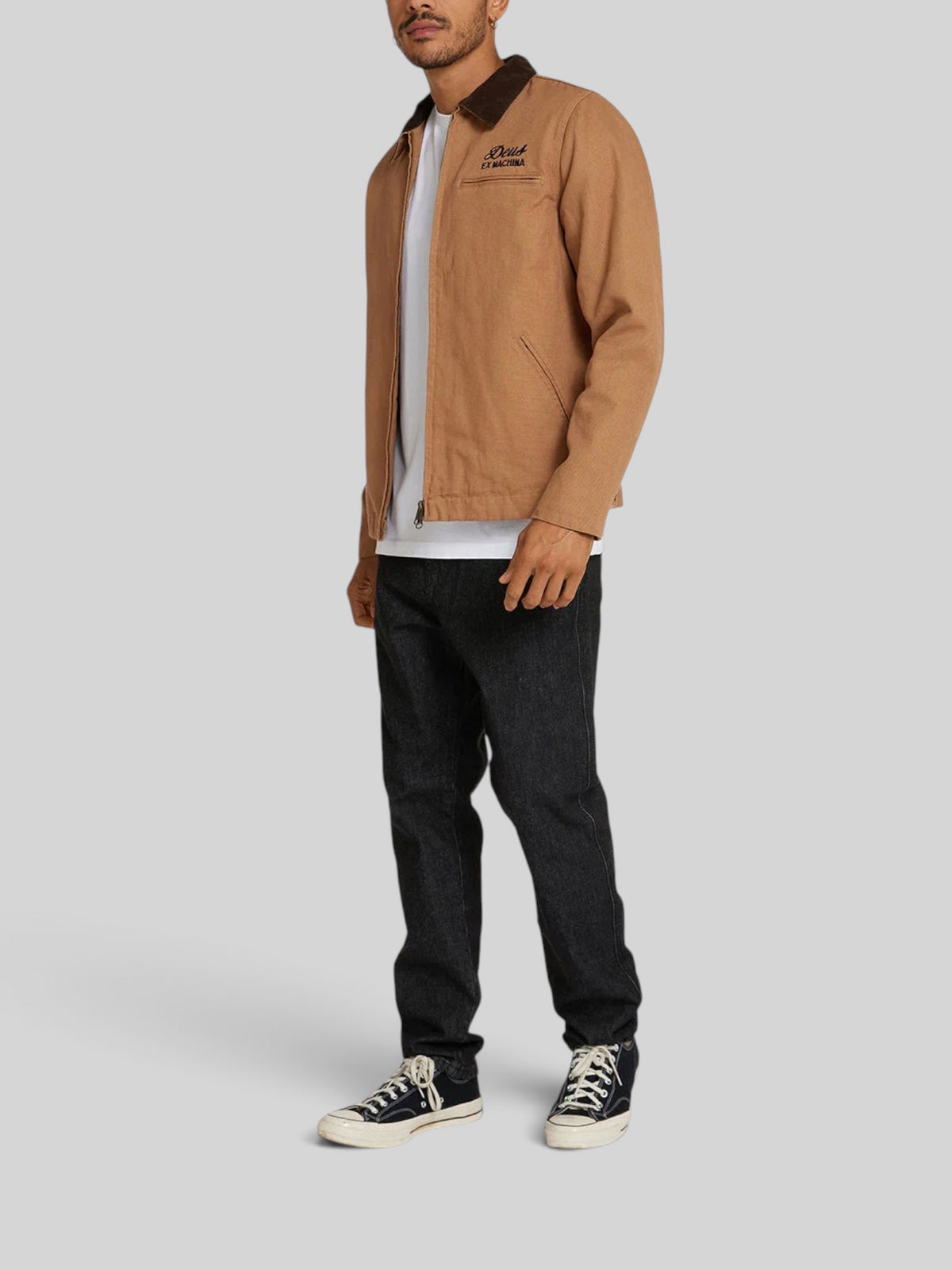 Baffle Haus Address workwear jacket in dijon tan cotton canvas with zip closure and embroidered chest detail