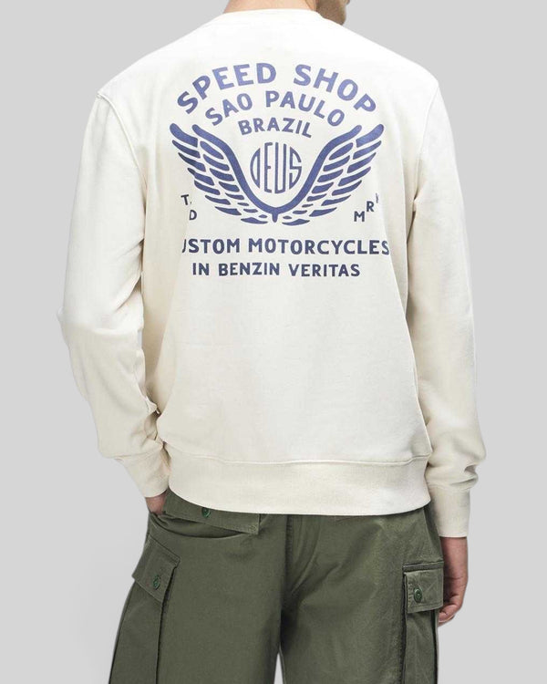 Baffle Haus Munificence crew fleece in dirty white with blue graphic print on the back, featuring a boxy fit.