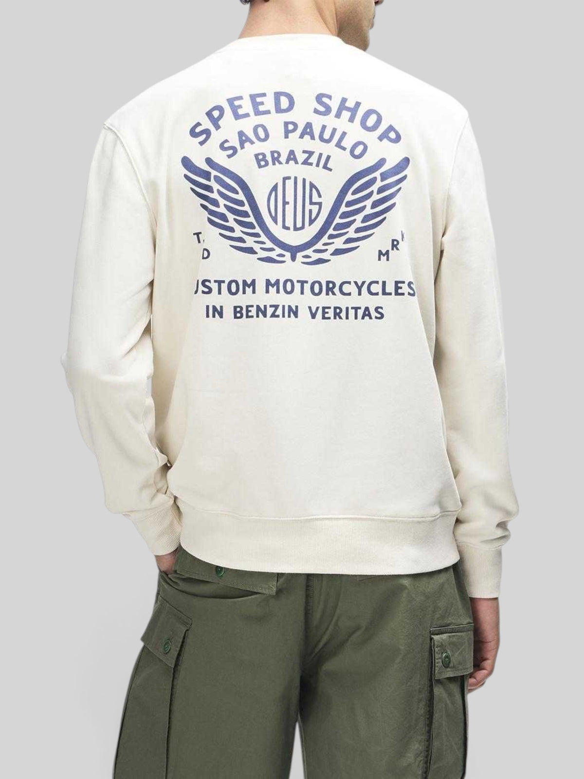 Baffle Haus Munificence crew fleece in dirty white with blue graphic print on the back, featuring a boxy fit.