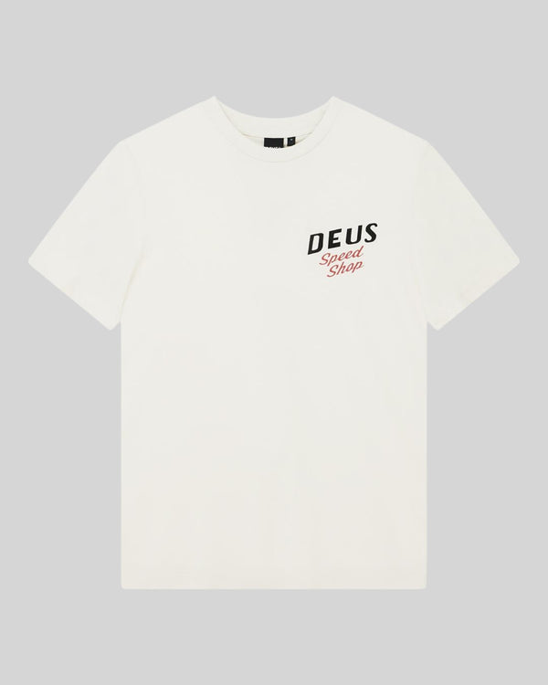 Baffle Haus Dogleg Tee in dirty white featuring a Deus Speed Shop chest graphic on organic cotton jersey fabric.