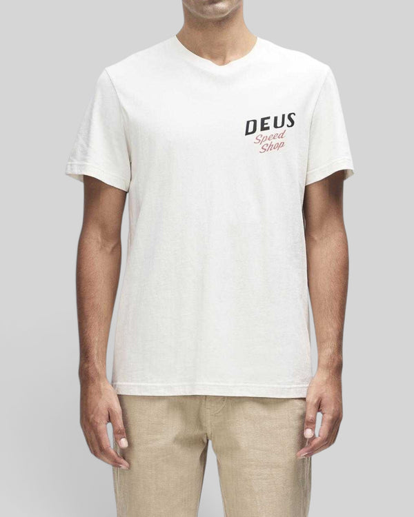 Baffle Haus Dogleg Tee in dirty white recycled and organic cotton with Deus Speed Shop chest graphic