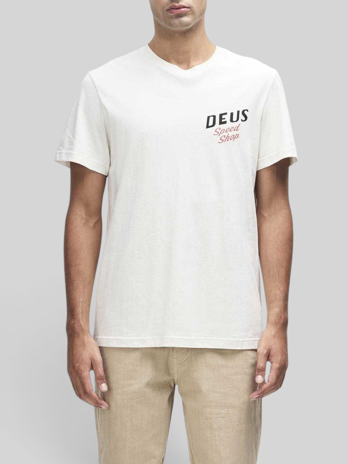 Baffle Haus Dogleg Tee in dirty white recycled and organic cotton with Deus Speed Shop chest graphic