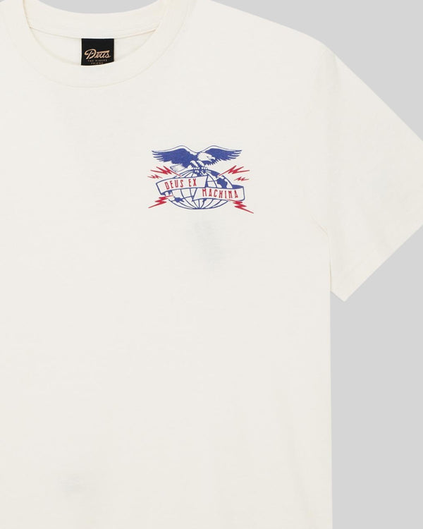 Baffle Haus dirty white box fit t-shirt with blue and red eagle graphic on the chest