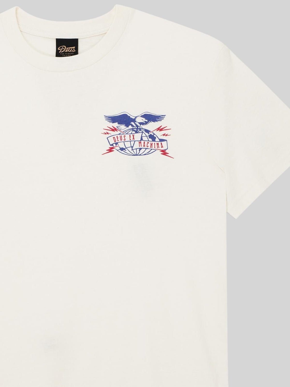 Baffle Haus dirty white box fit t-shirt with blue and red eagle graphic on the chest