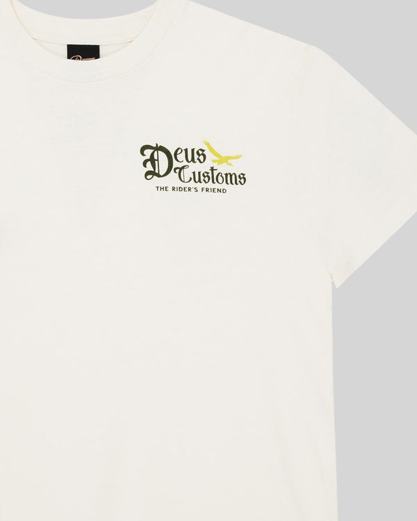 Baffle Haus Beep-Beep Tee in dirty white with Deus Customs chest graphic featuring a yellow bird logo