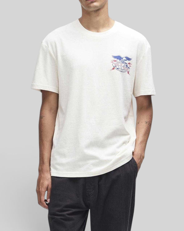Baffle Haus Claw-Some Whizz Tee in dirty white with graphic chest print, box fit, and recycled cotton blend fabric.
