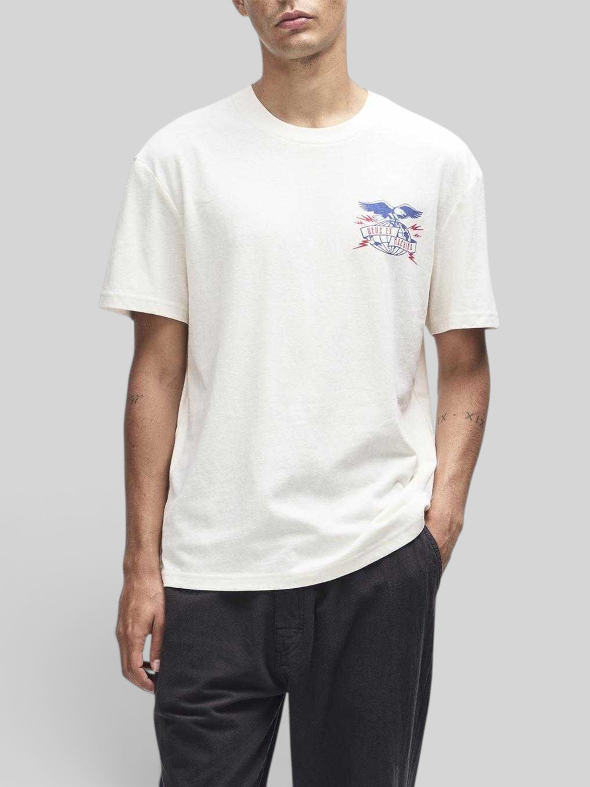 Baffle Haus Claw-Some Whizz Tee in dirty white with graphic chest print, box fit, and recycled cotton blend fabric.