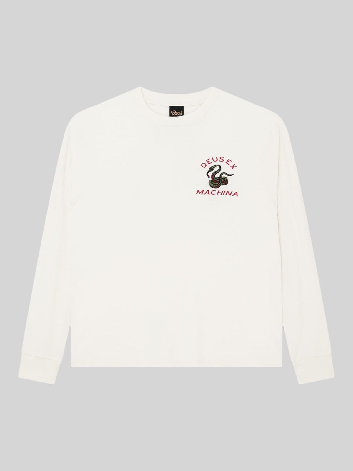 Baffle Haus long sleeve box fit tee in dirty white with embroidered snake graphic on chest and ribbed cuffs