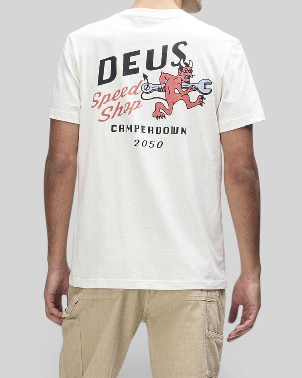 Baffle Haus Deus Dogleg Tee in dirty white featuring a red devil graphic with a wrench on the back