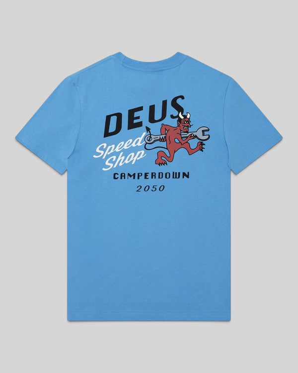 Baffle Haus Dogleg Tee in bonnie blue featuring a graphic print of a devil with a wrench on the back