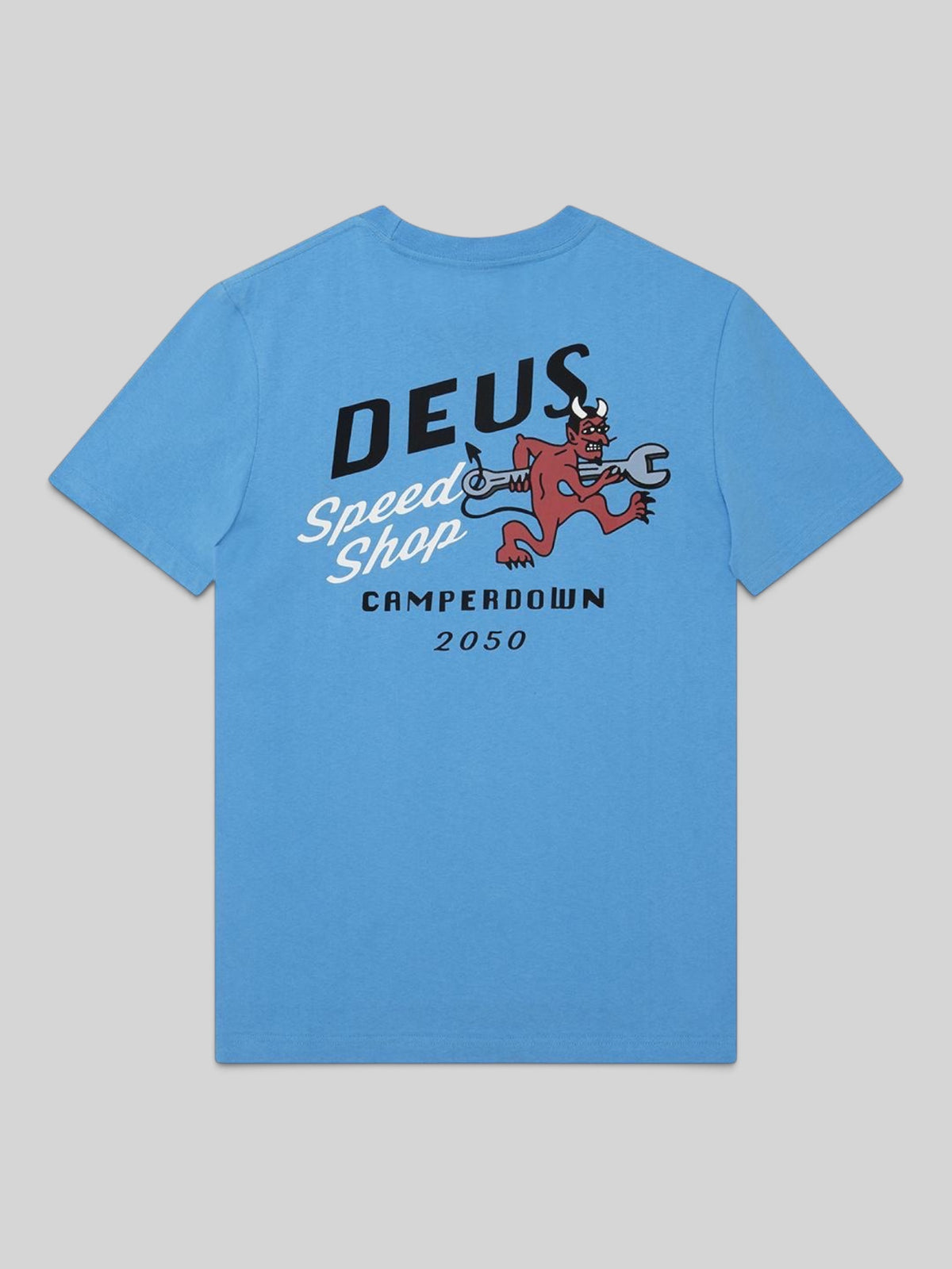 Baffle Haus Dogleg Tee in bonnie blue featuring a graphic print of a devil with a wrench on the back