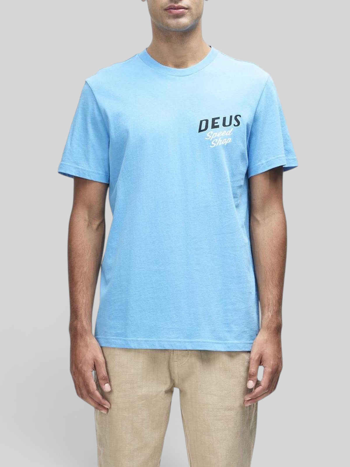 Baffle Haus Dogleg Tee in Bonnie Blue featuring a Deus Speed Shop chest print on recycled and organic cotton jersey.