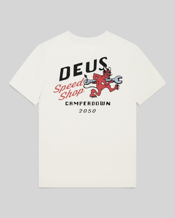 Baffle Haus Dogleg Tee in dirty white featuring a red devil graphic with a wrench on the back