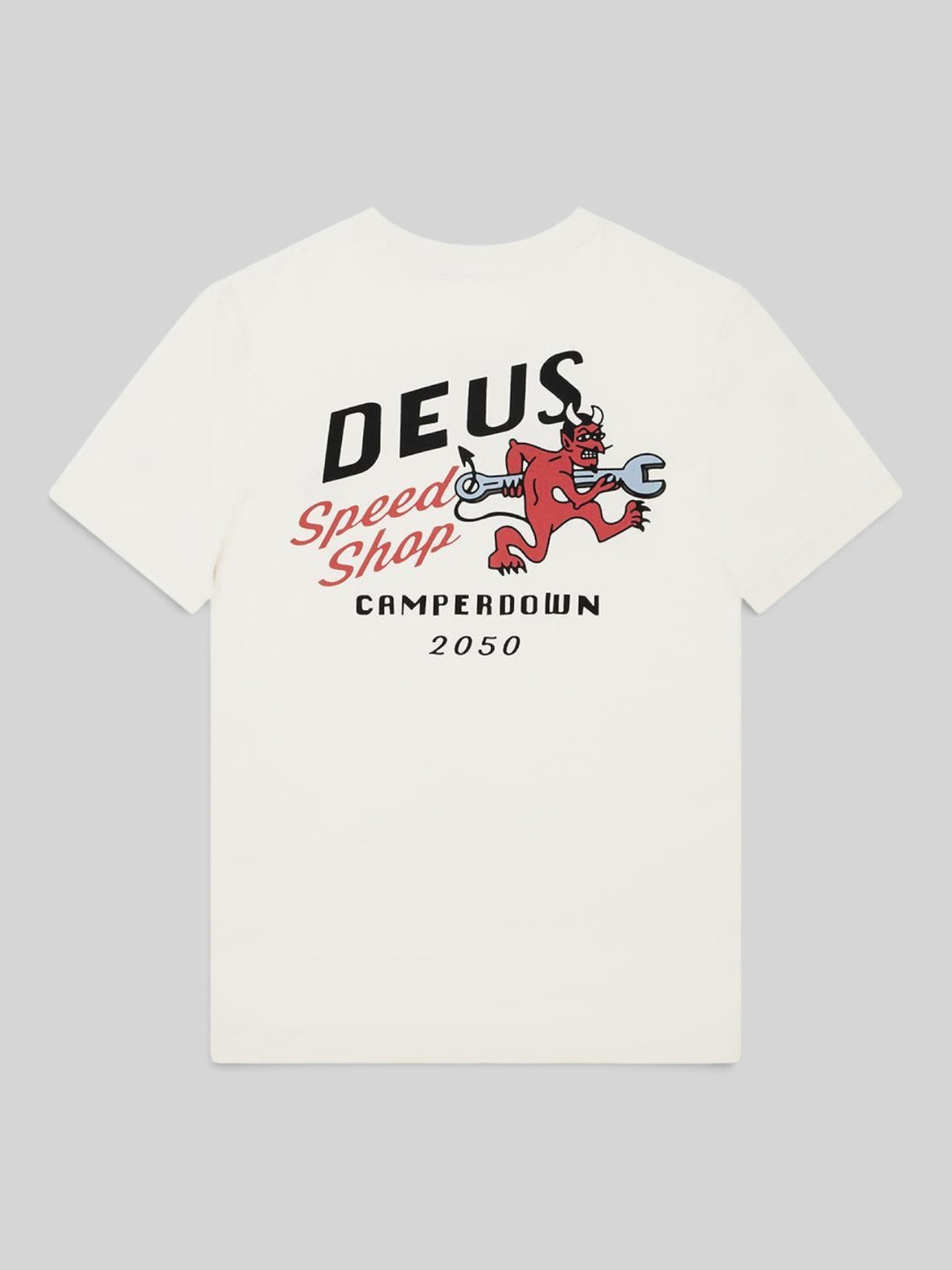 Baffle Haus Dogleg Tee in dirty white featuring a red devil graphic with a wrench on the back