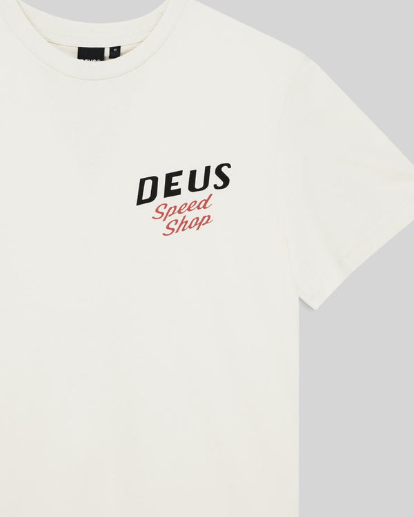 Baffle Haus Dogleg Tee in dirty white organic cotton with Deus Speed Shop chest graphic print