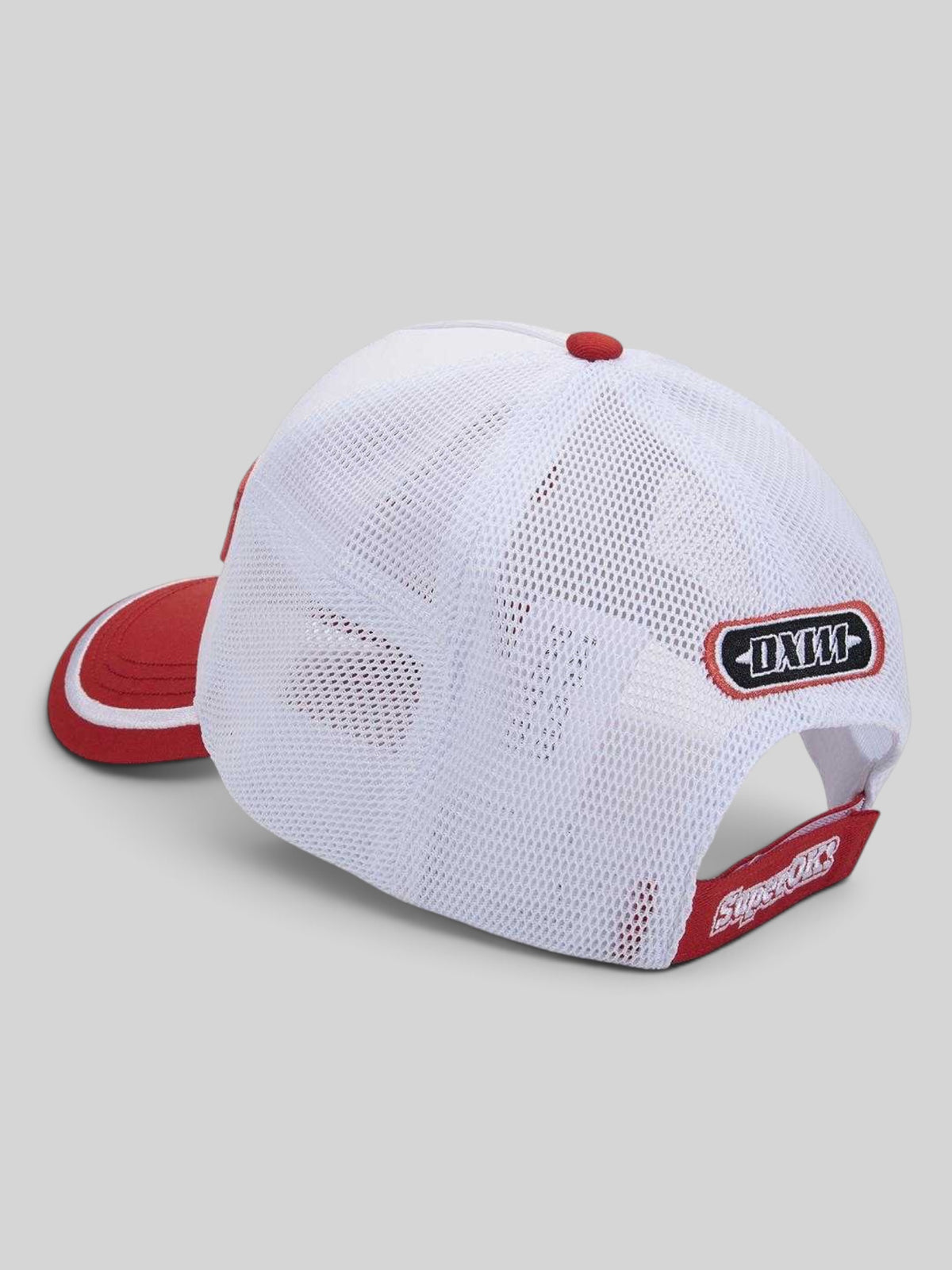 Baffle Haus Double Track Trucker hat in vintage white and red with mesh back, embroidered logo, and velcro closure