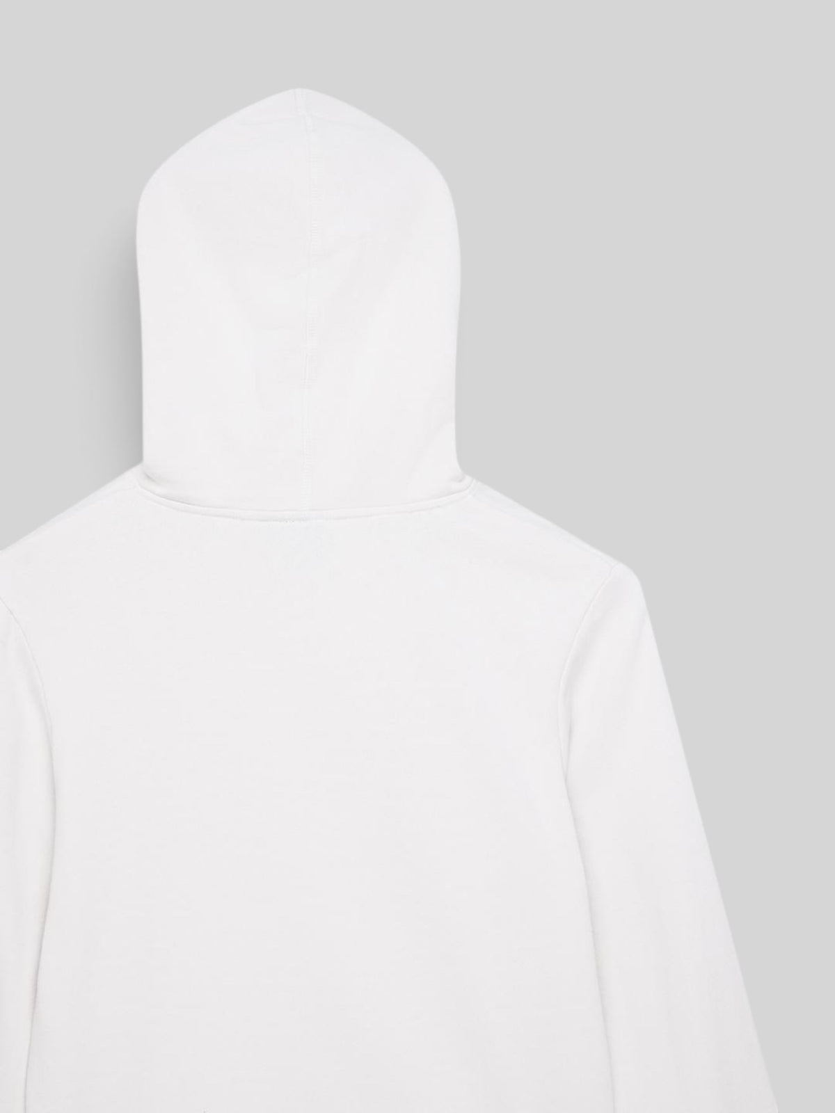 Back view of the Baffle Haus Downshift Hoodie in dirty white organic cotton brushed fleece with a regular fit.