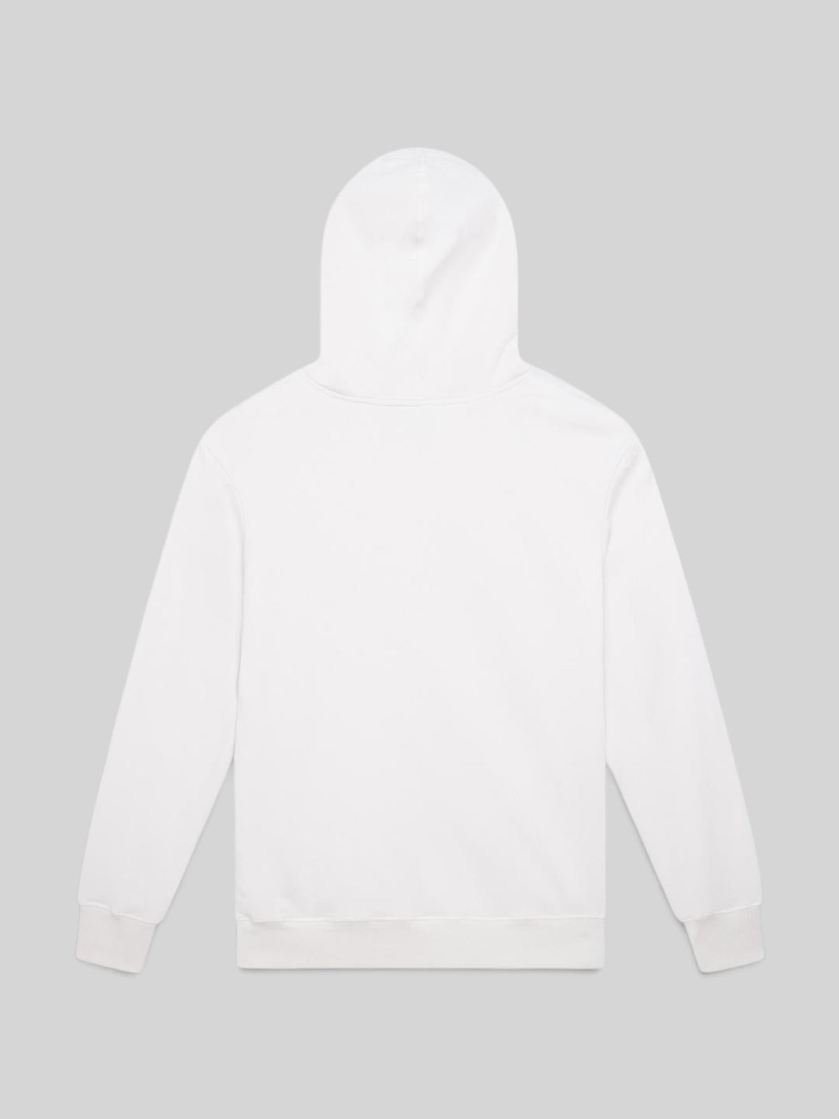 Baffle Haus Downshift Hoodie in dirty white organic cotton brushed fleece, back view of regular fit hooded sweatshirt