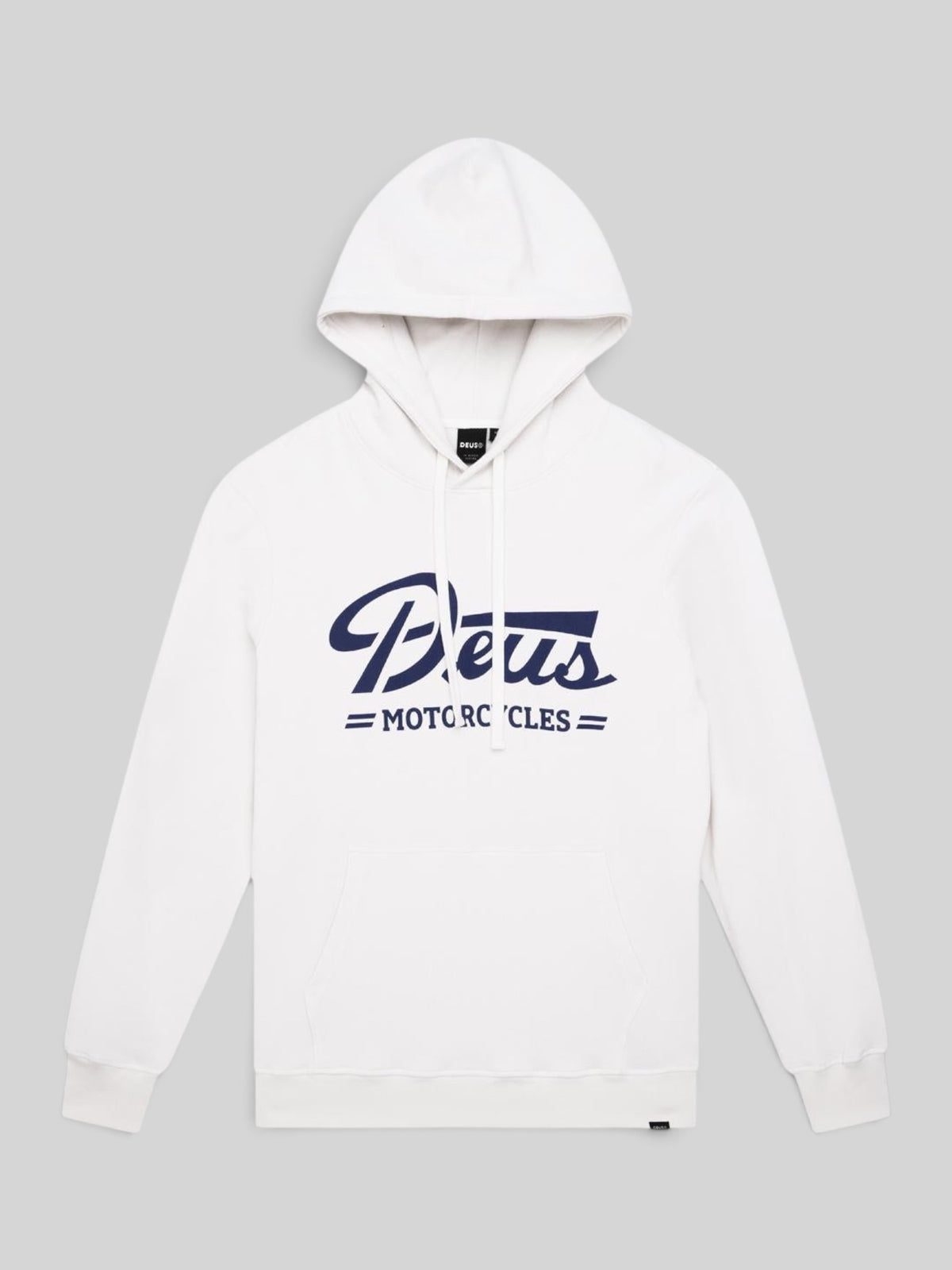 Baffle Haus Downshift Hoodie in dirty white organic cotton fleece with navy blue chest graphic and front pocket
