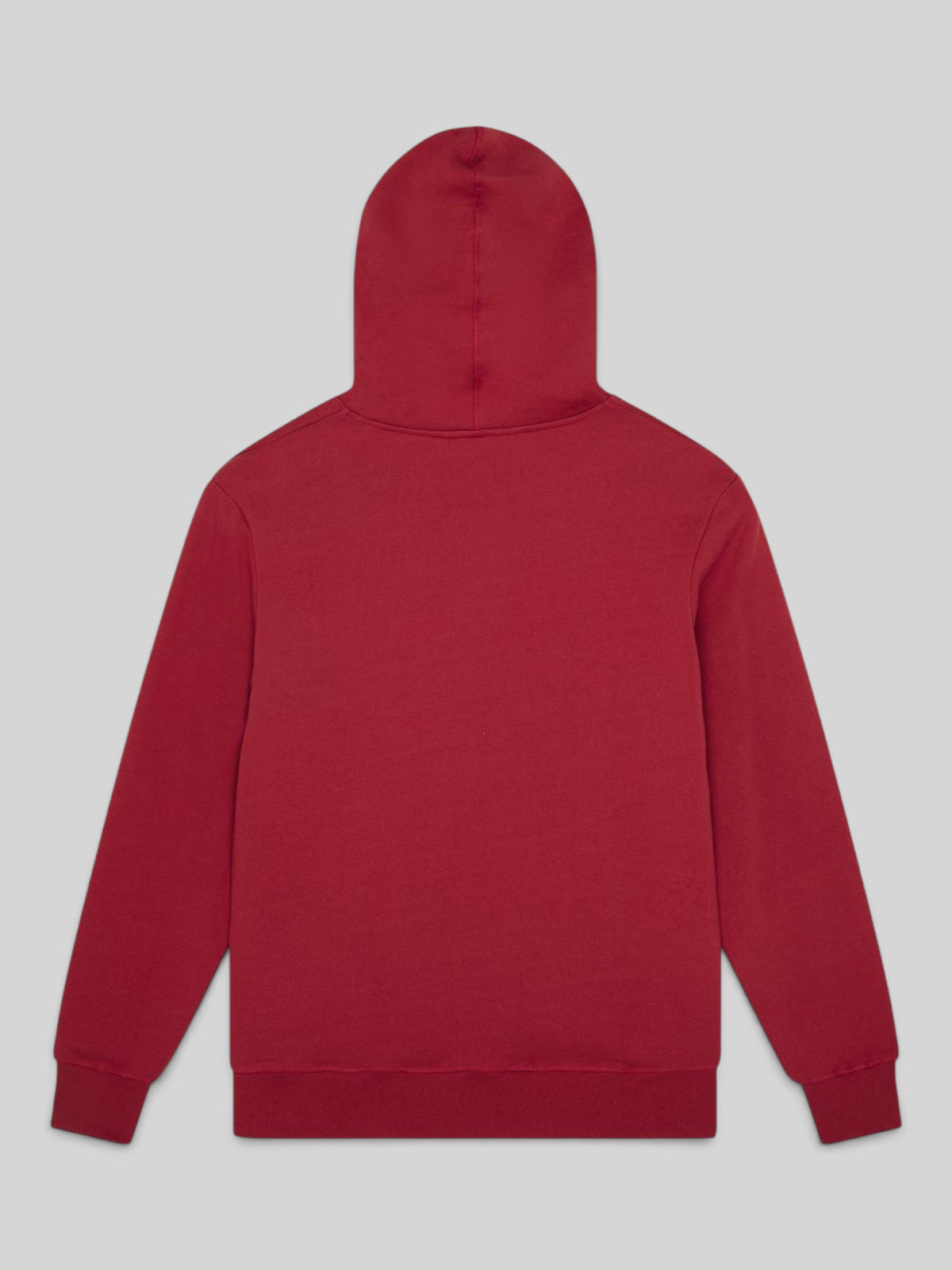 Baffle Haus Downshift Hoodie in Lava Falls red, featuring a regular fit organic cotton brushed back fleece.