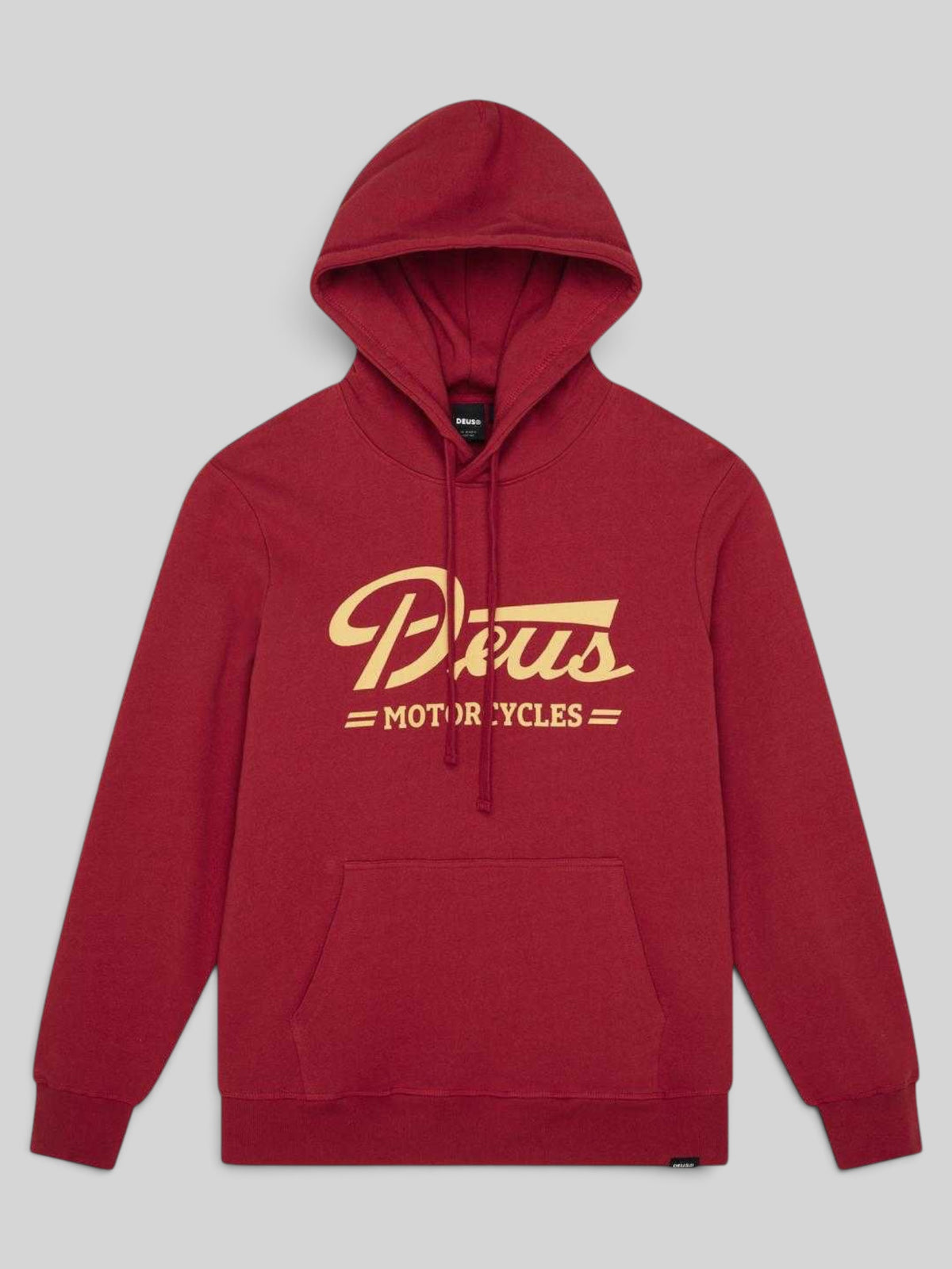 Baffle Haus Downshift Hoodie in Lava Falls red organic cotton fleece with cream chest graphic and drawstring hood