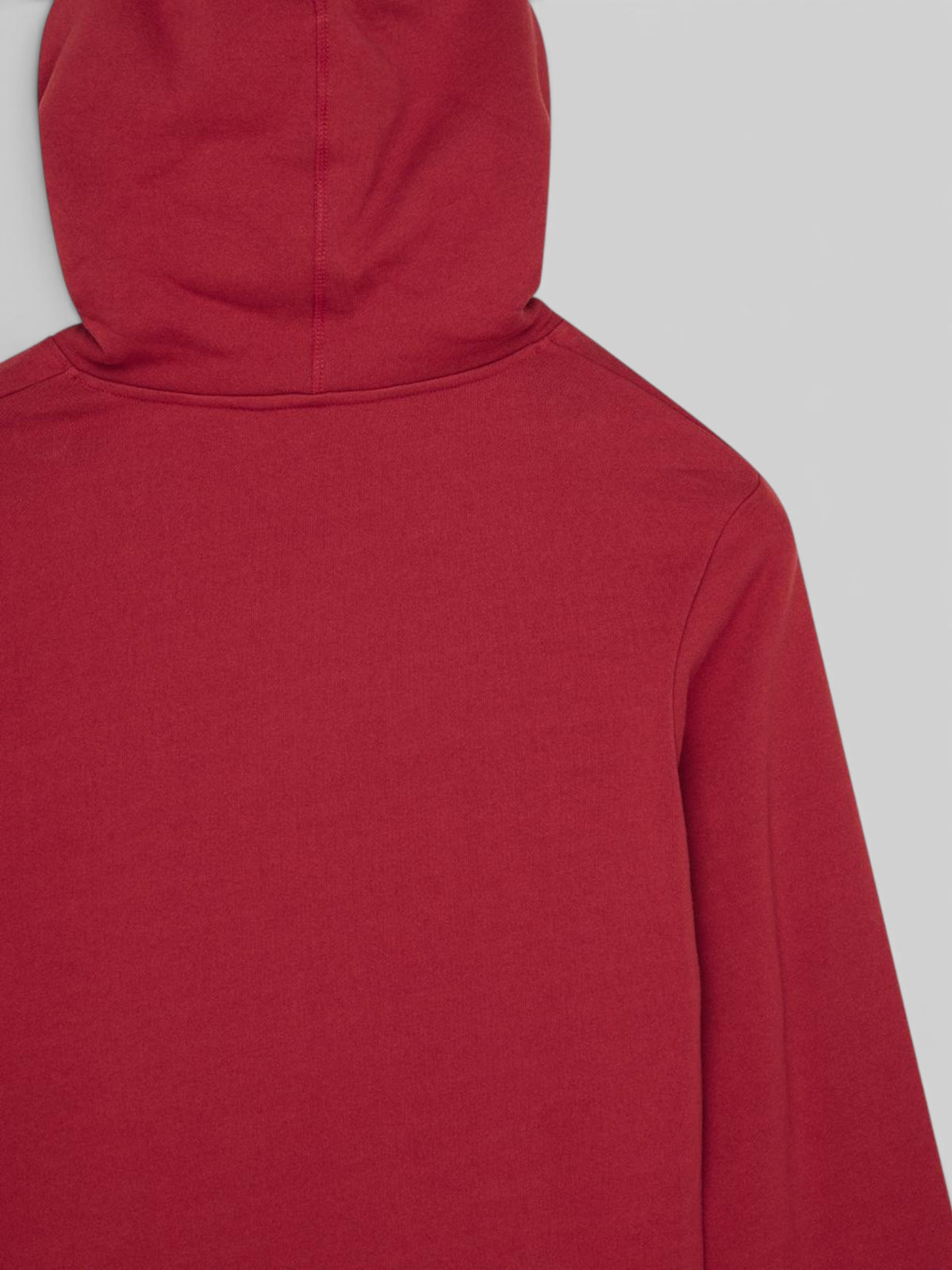 Baffle Haus Downshift Hoodie in Lava Falls red organic cotton brushed fleece with a regular fit and hood