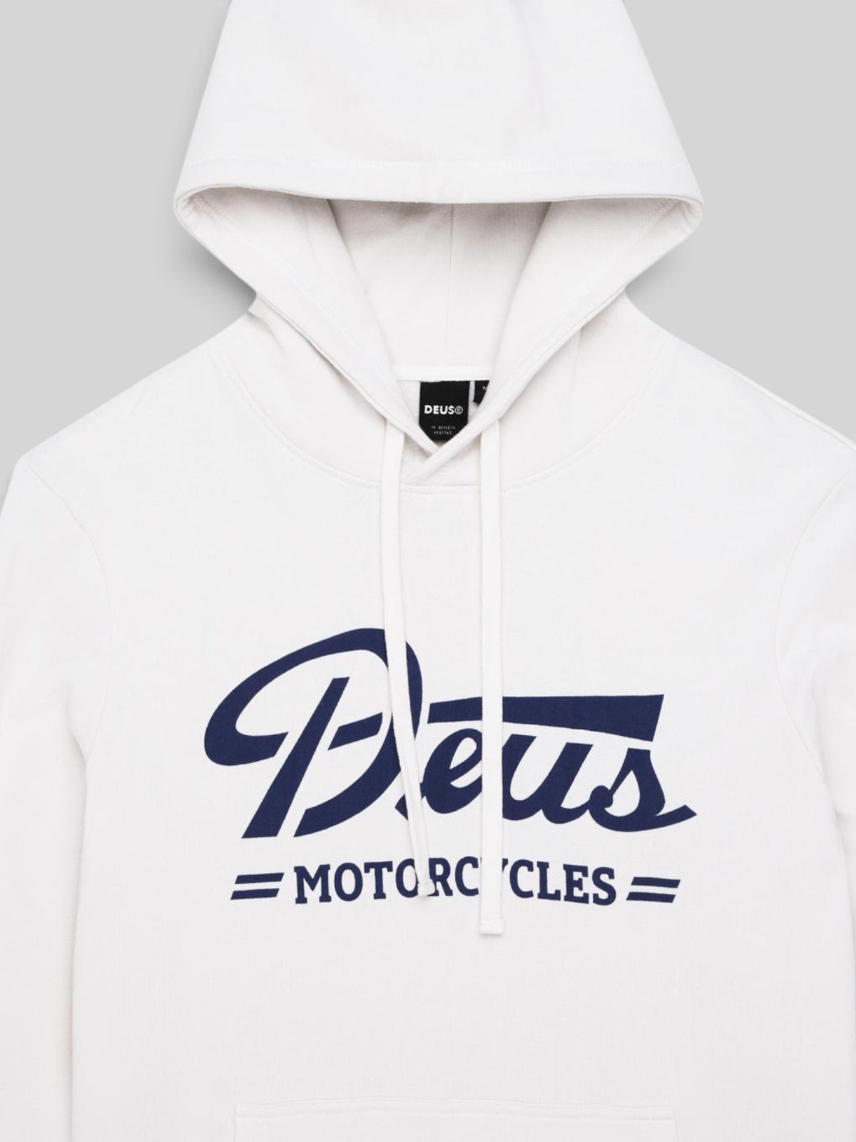 Baffle Haus Downshift Hoodie in dirty white organic cotton fleece with navy blue chest graphic print