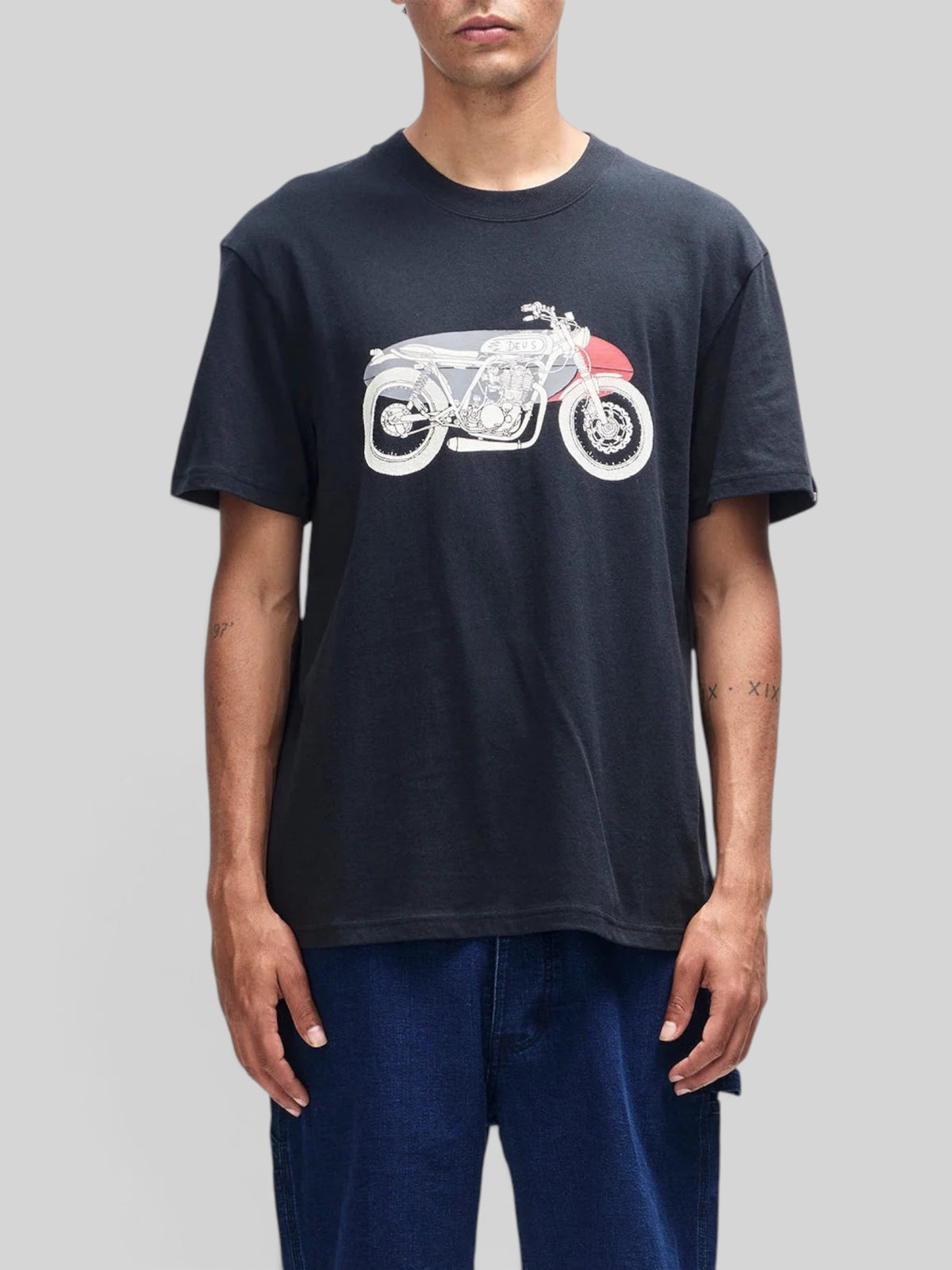 Baffle Haus Drovers Dog black organic cotton box fit t-shirt with vintage motorcycle graphic print on chest