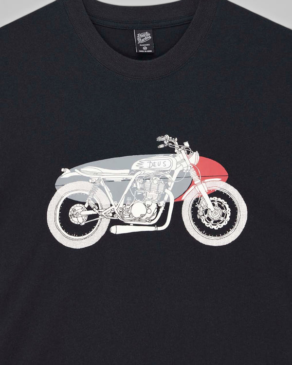 Baffle Haus Drovers Dog black organic cotton t-shirt featuring a vintage motorcycle graphic on the chest