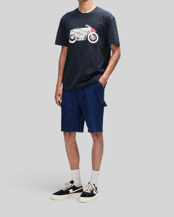 Baffle Haus Drovers Dog black organic cotton box fit t-shirt with motorcycle graphic print on chest