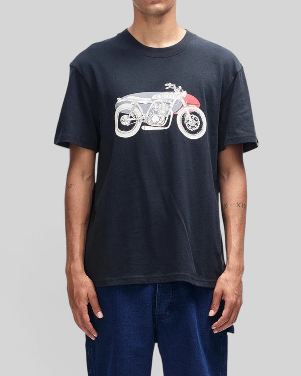 Baffle Haus Drovers Dog black organic cotton box fit t-shirt with vintage motorcycle graphic on chest