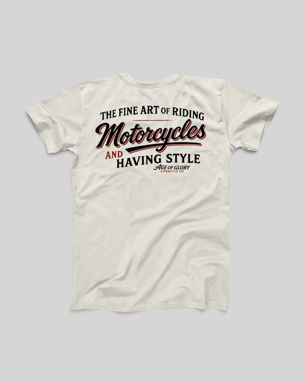Baffle Haus Age of Glory Fine Art ecru cotton t-shirt with vintage motorcycle graphic print on the back