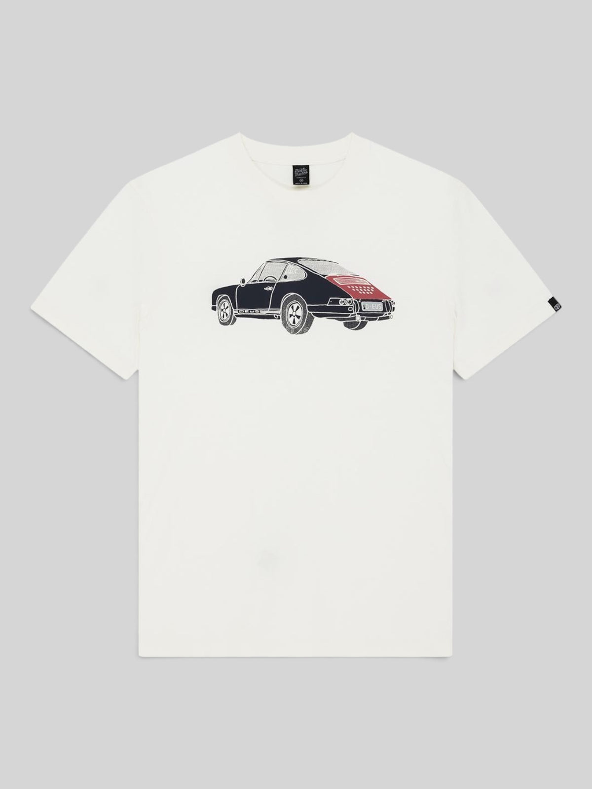 Baffle Haus Emporium Niner box fit t-shirt in pristine white organic cotton with black and red classic car graphic