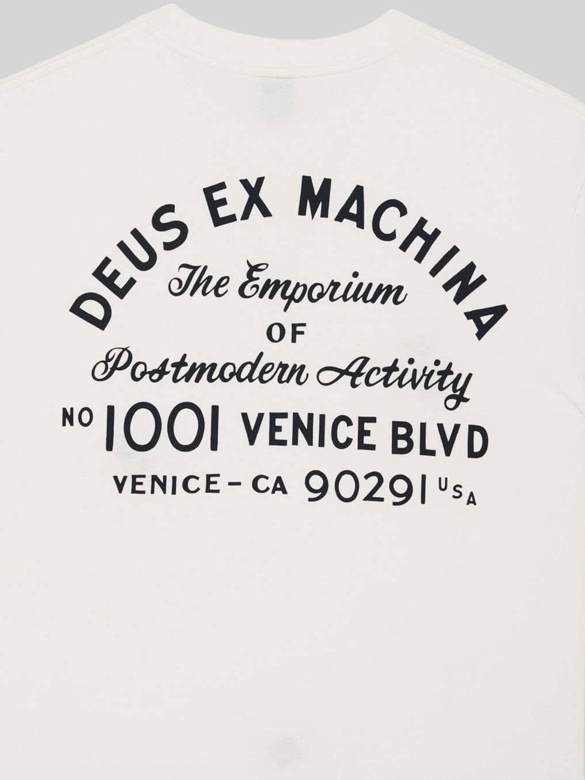 Baffle Haus Emporium Niner box fit t-shirt in pristine white organic cotton with black graphic print on the back