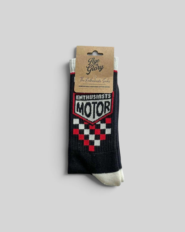 Baffle Haus Age Of Glory Enthusiasts socks in black, red, and off-white with vintage motorcycle-inspired graphics.