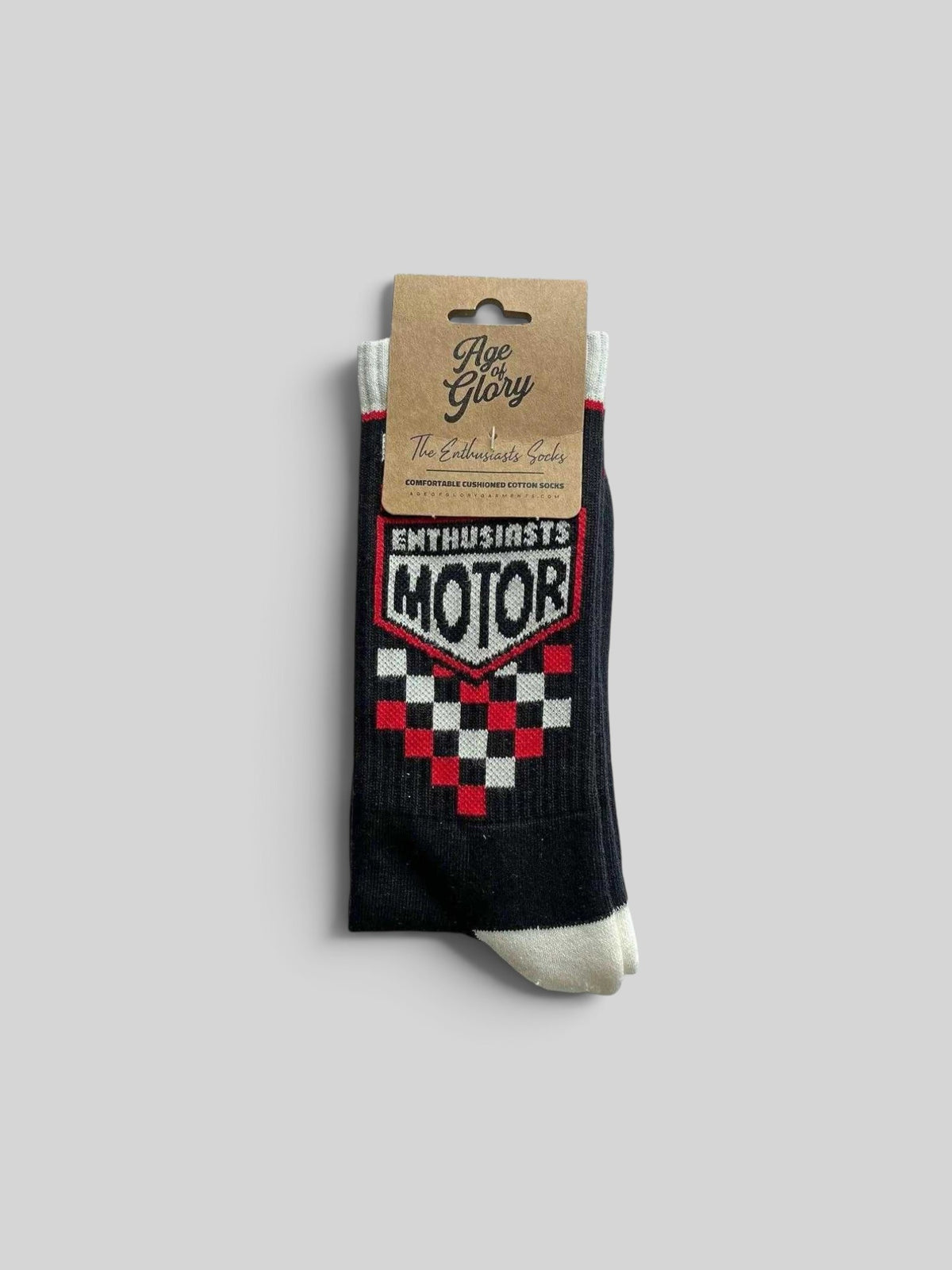 Baffle Haus Age Of Glory Enthusiasts socks in black, red, and off-white with vintage motorcycle-inspired graphics.