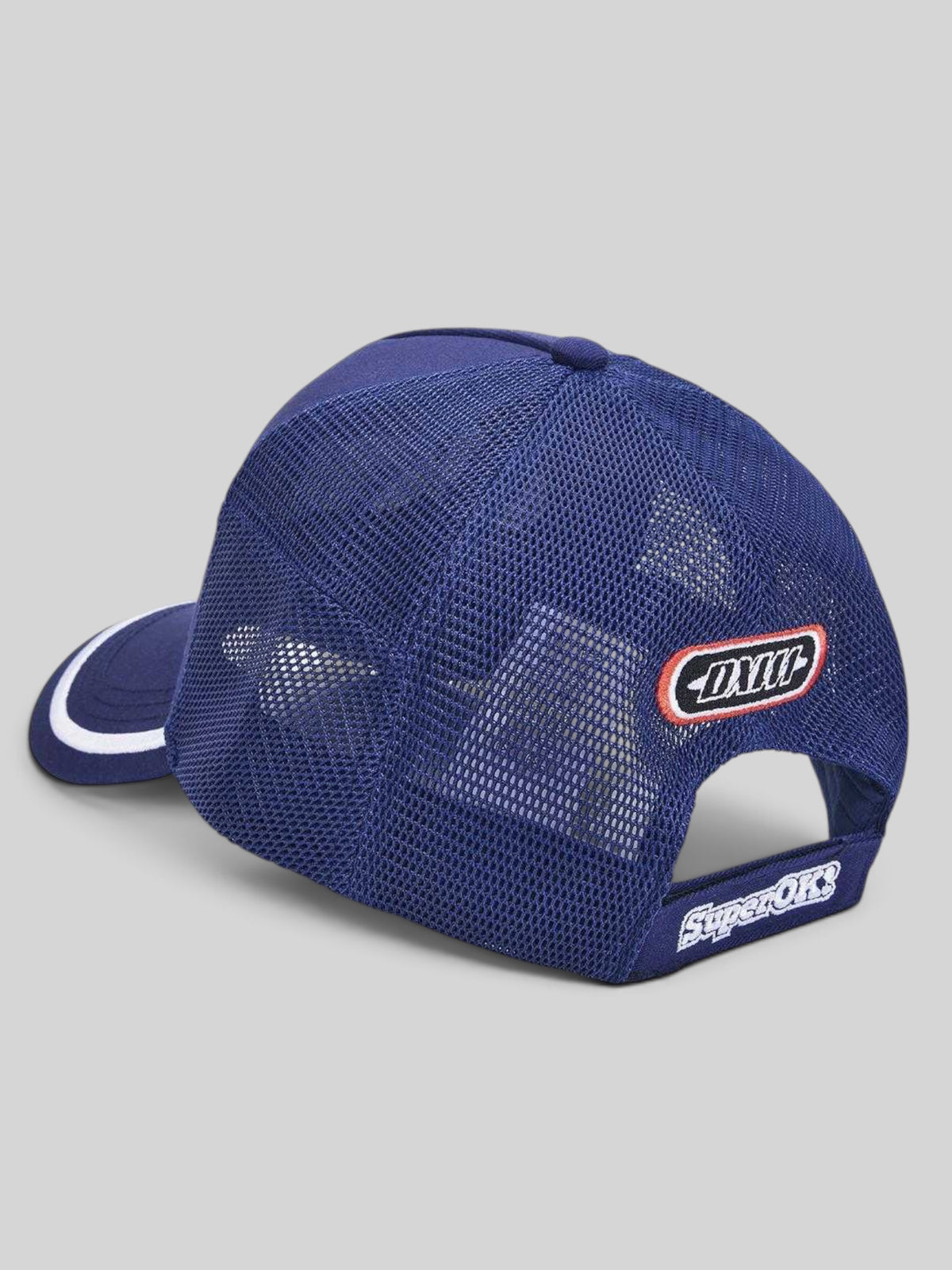 Baffle Haus Double Track Trucker hat in estate blue with mesh back, embroidered logos, and velcro closure