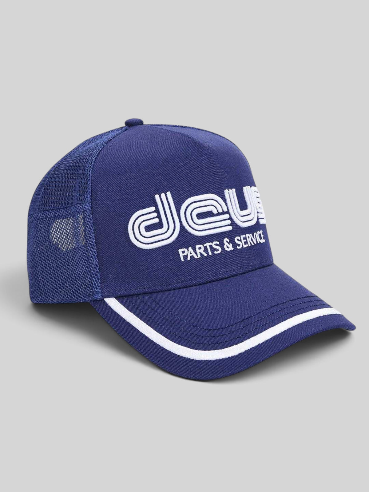 Baffle Haus Double Track Trucker hat in estate blue cotton twill with white embroidered logo and mesh back panels.