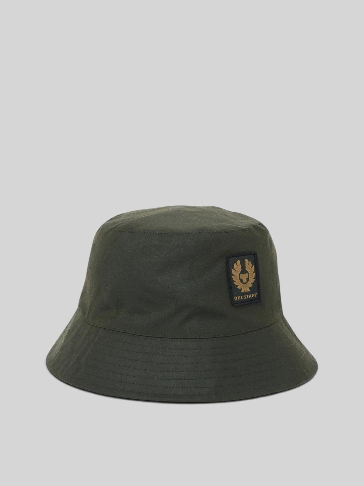 Baffle Haus faded olive waxed cotton bucket hat with multi-stitch brim and embroidered phoenix logo patch