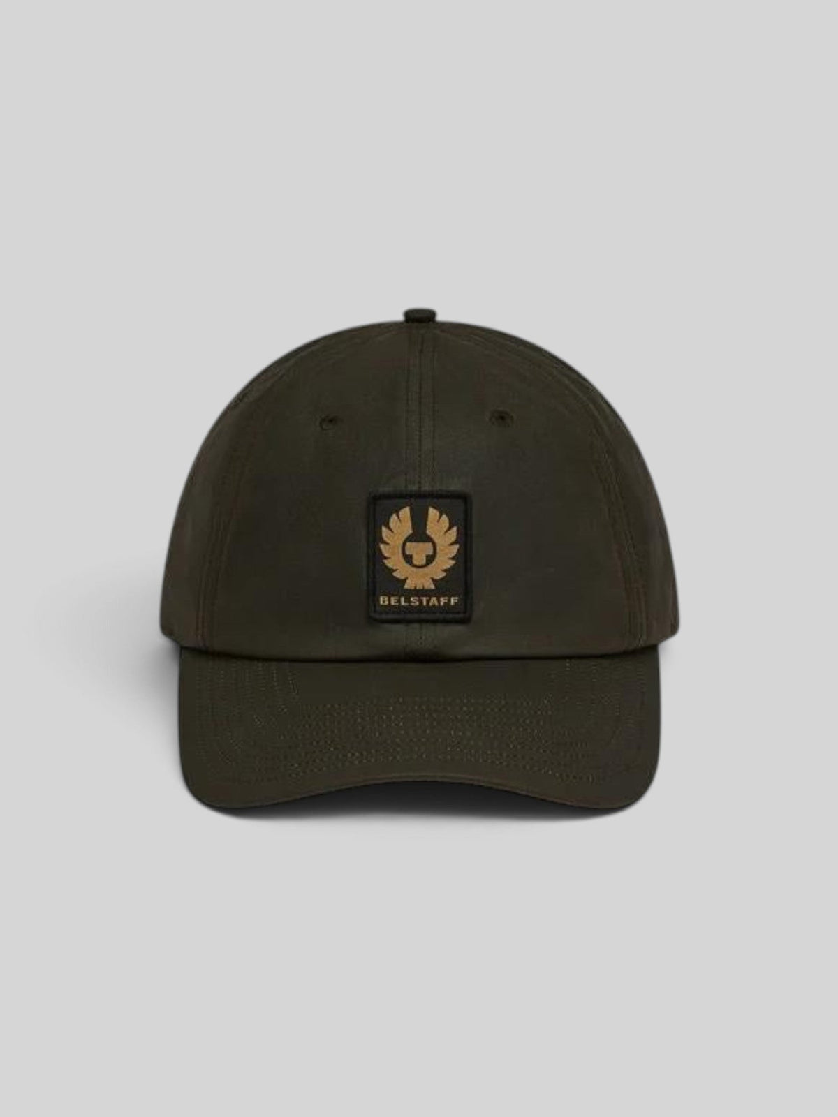 Baffle Haus Phoenix wax cotton baseball cap in faded olive with an embroidered phoenix patch on the front.