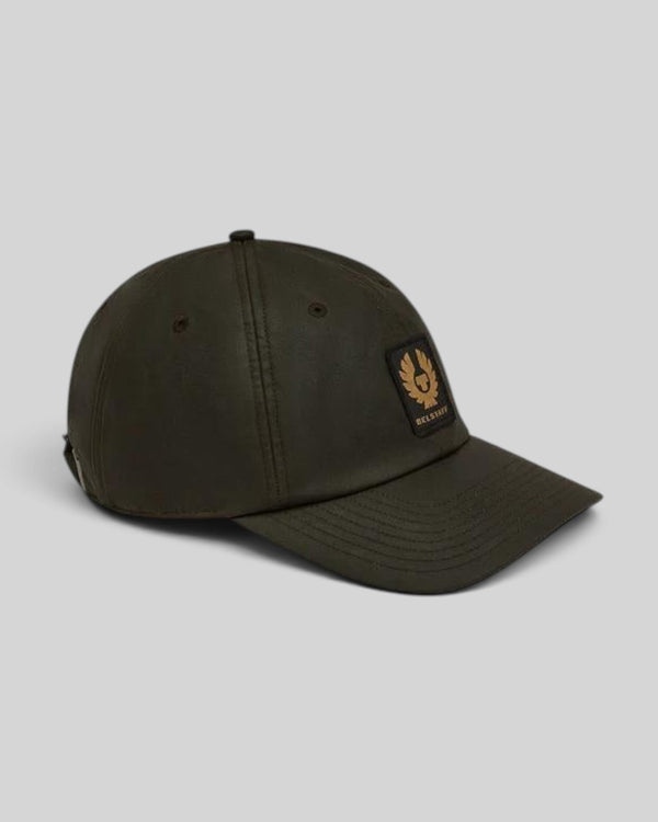 Baffle Haus Phoenix wax cotton baseball cap in faded olive with embroidered phoenix patch on the front
