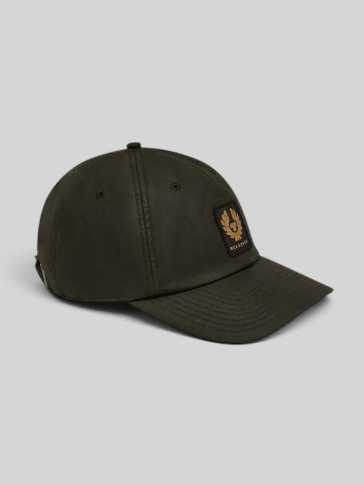 Baffle Haus Phoenix wax cotton baseball cap in faded olive with embroidered phoenix patch on the front