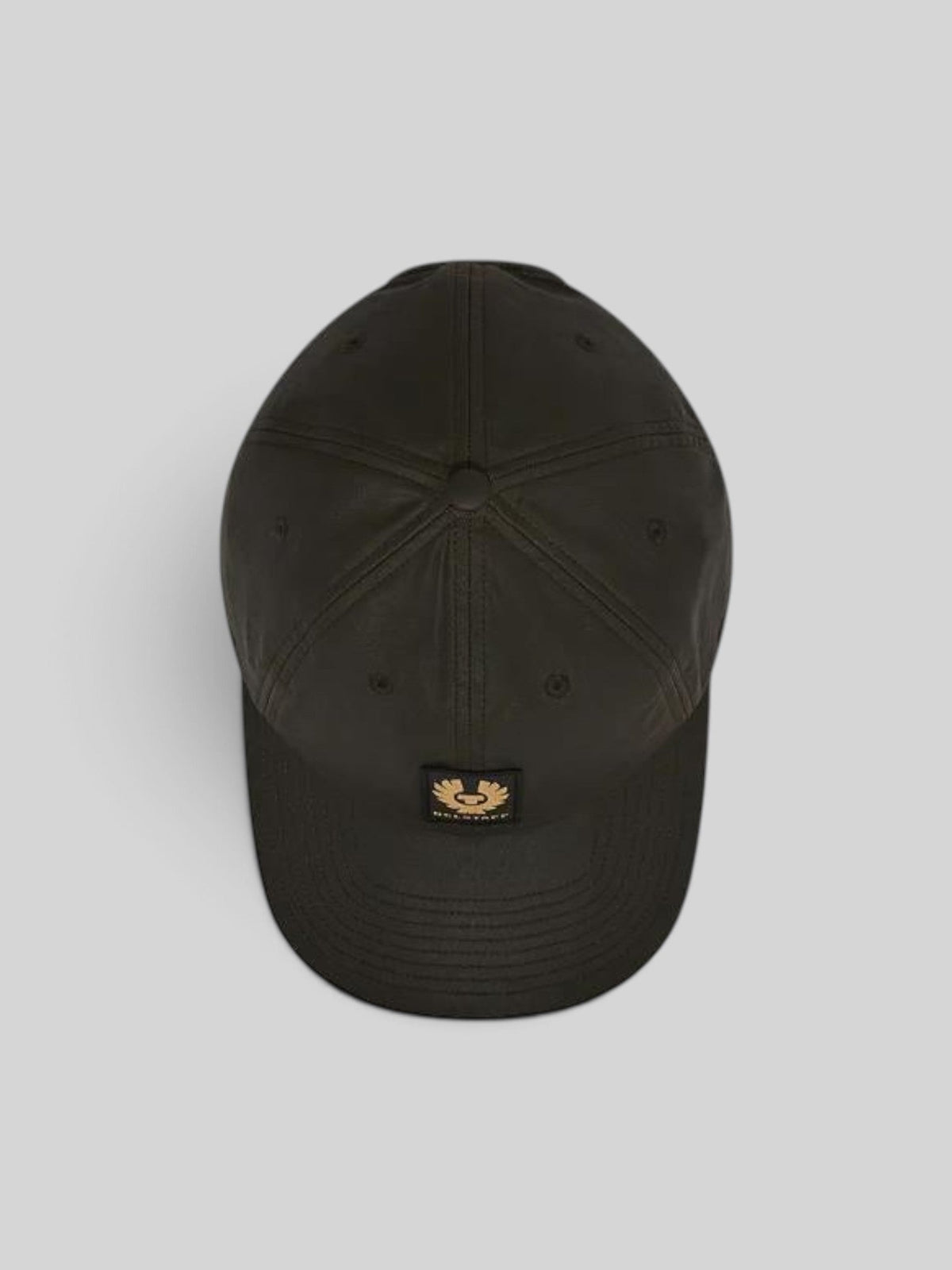 Baffle Haus Phoenix wax cotton baseball cap in faded olive with a front phoenix patch, top-down view.