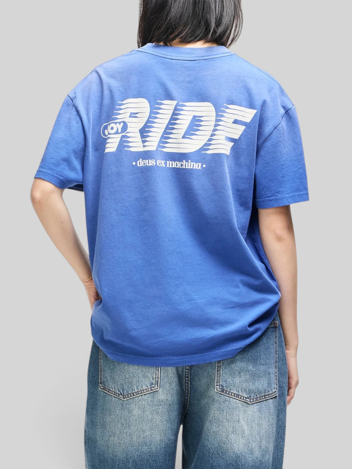 Baffle Haus Fast Times vintage fit blue recycled cotton t-shirt with white graphic print on the back