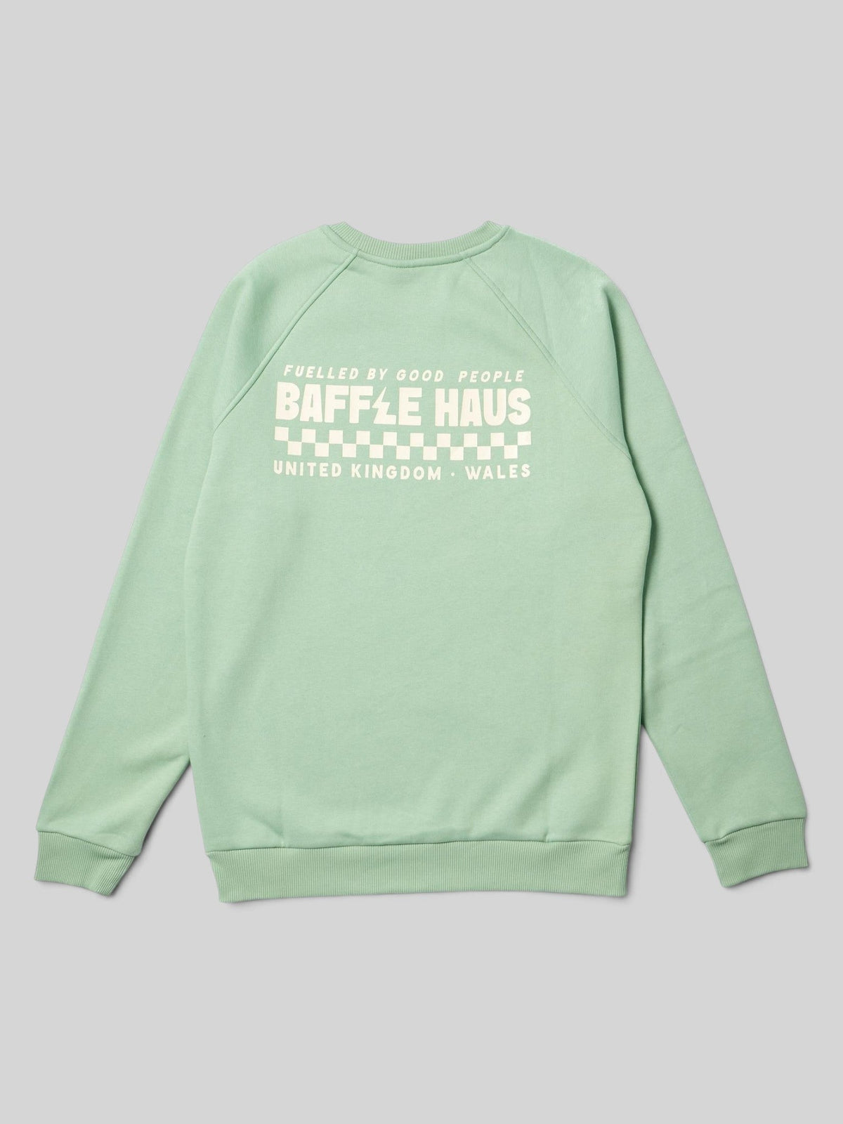 Baffle Haus Flags sweatshirt in granite green with white graphic print on the back, made from cotton blend fabric.