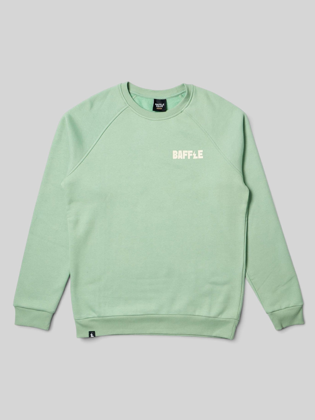 Baffle Haus Flags sweatshirt in granite green featuring a crew neck, raglan sleeves, and white chest logo branding.