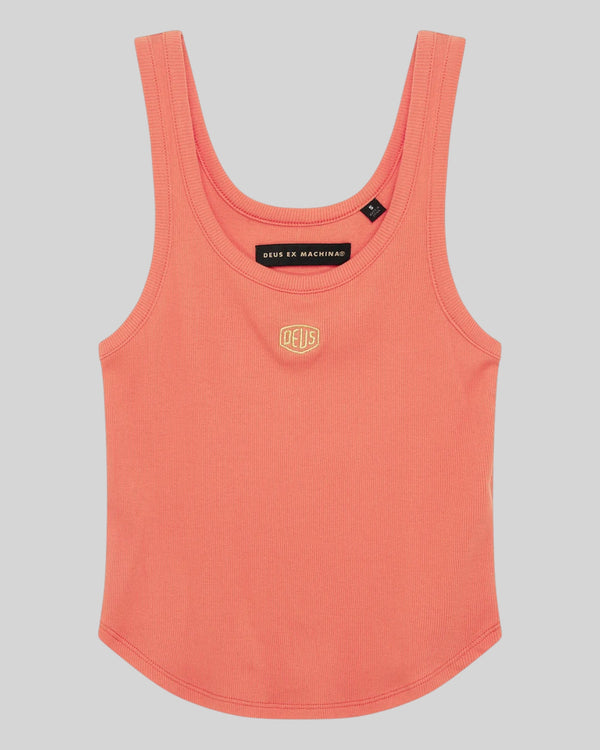 Baffle Haus June Shield tank top in flame orange with thin straps, ribbed texture, and chest embroidery.