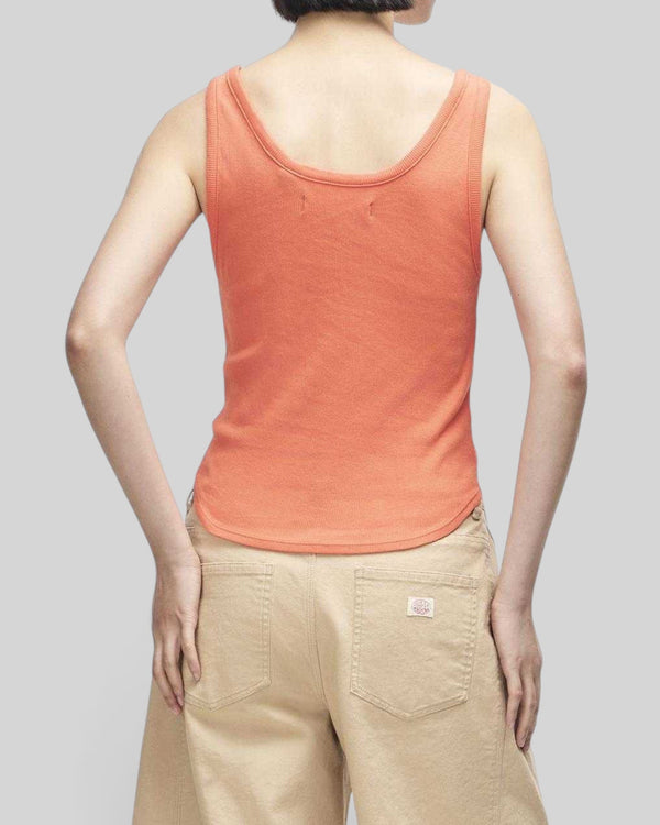 Baffle Haus June Shield Tank in flame orange, a lightweight slim fit ribbed tank top with thin straps and curved hem.